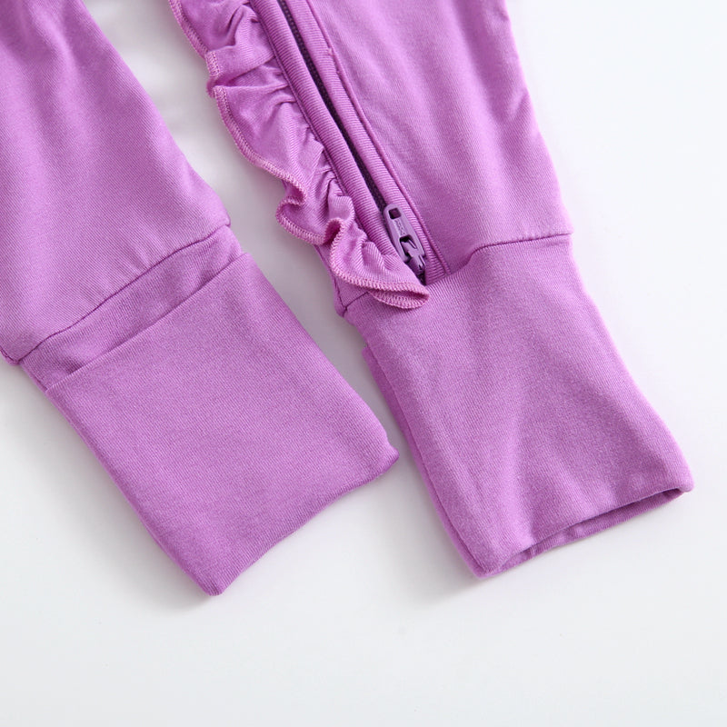 Luxie Lavender Ruffled Zipper Baby Romper Foot Cuffs