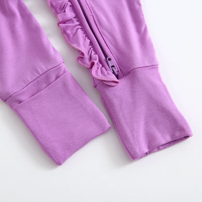 Luxie Lavender Ruffled Zipper Baby Romper Foot Cuffs