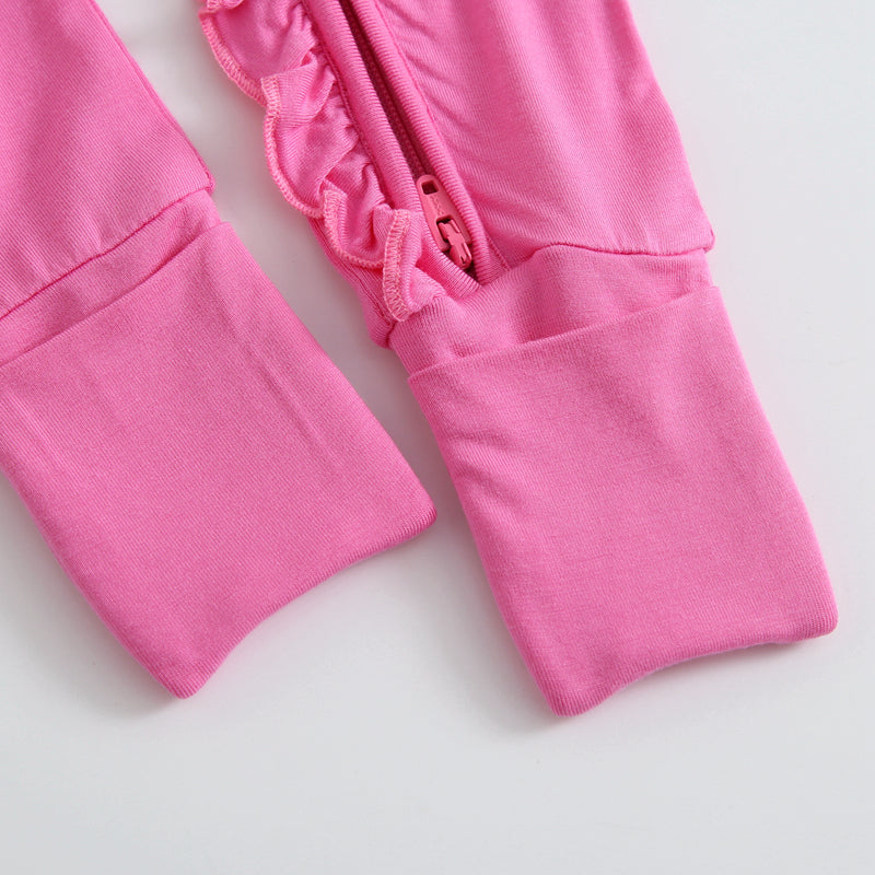 Perfectly Pink Ruffled Zipper Baby Romper Foot Cuffs
