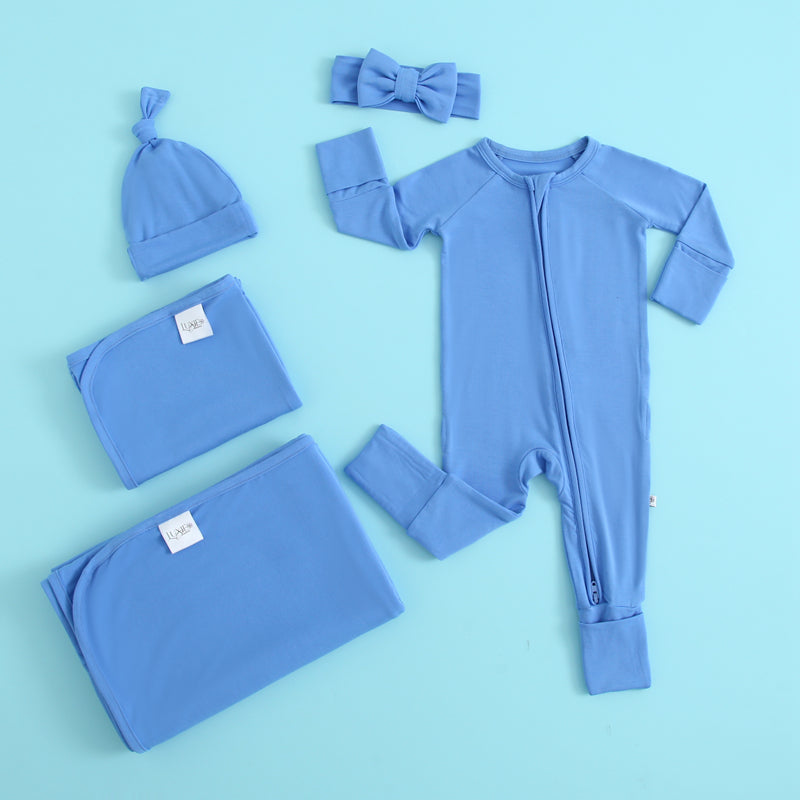 Pure Blue Zippered Baby Romper Set